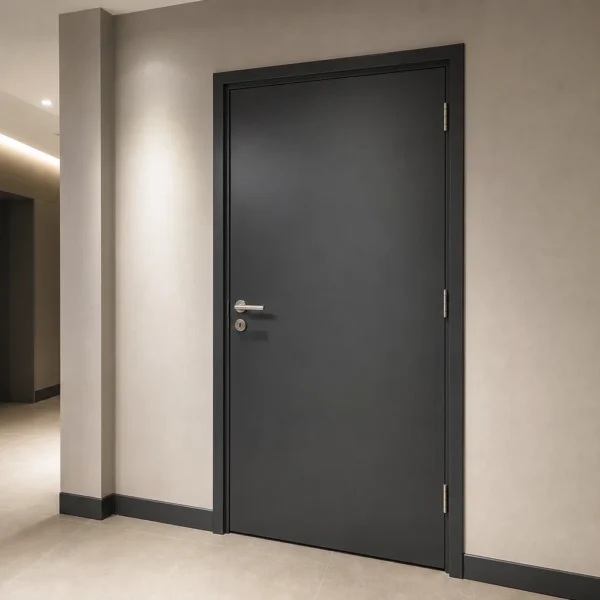 Bloc-porte coupe-feu aluminium à un battant dans un couloir contemporain