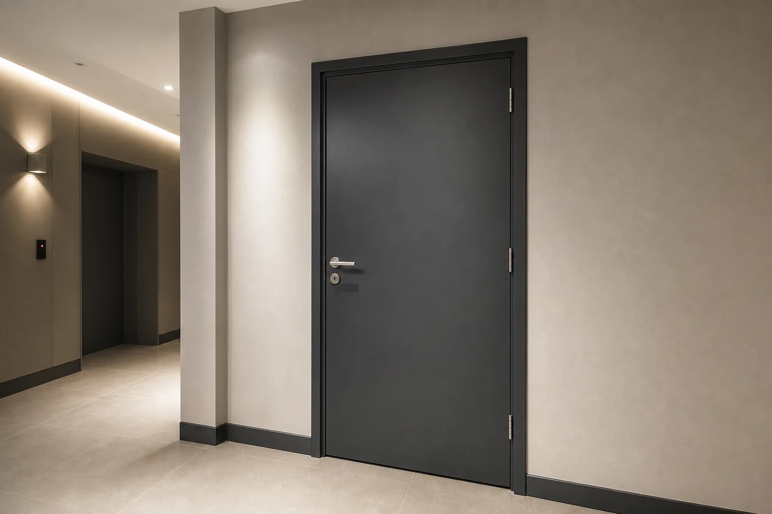 Bloc-porte coupe-feu aluminium 1 battant Bloc-porte coupe-feu aluminium à un battant dans un couloir contemporain