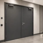 Bloc-porte coupe-feu aluminium à deux battants dans un couloir contemporain