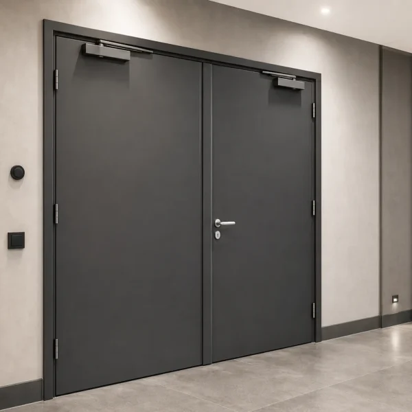 Bloc-porte coupe-feu aluminium à deux battants dans un couloir contemporain