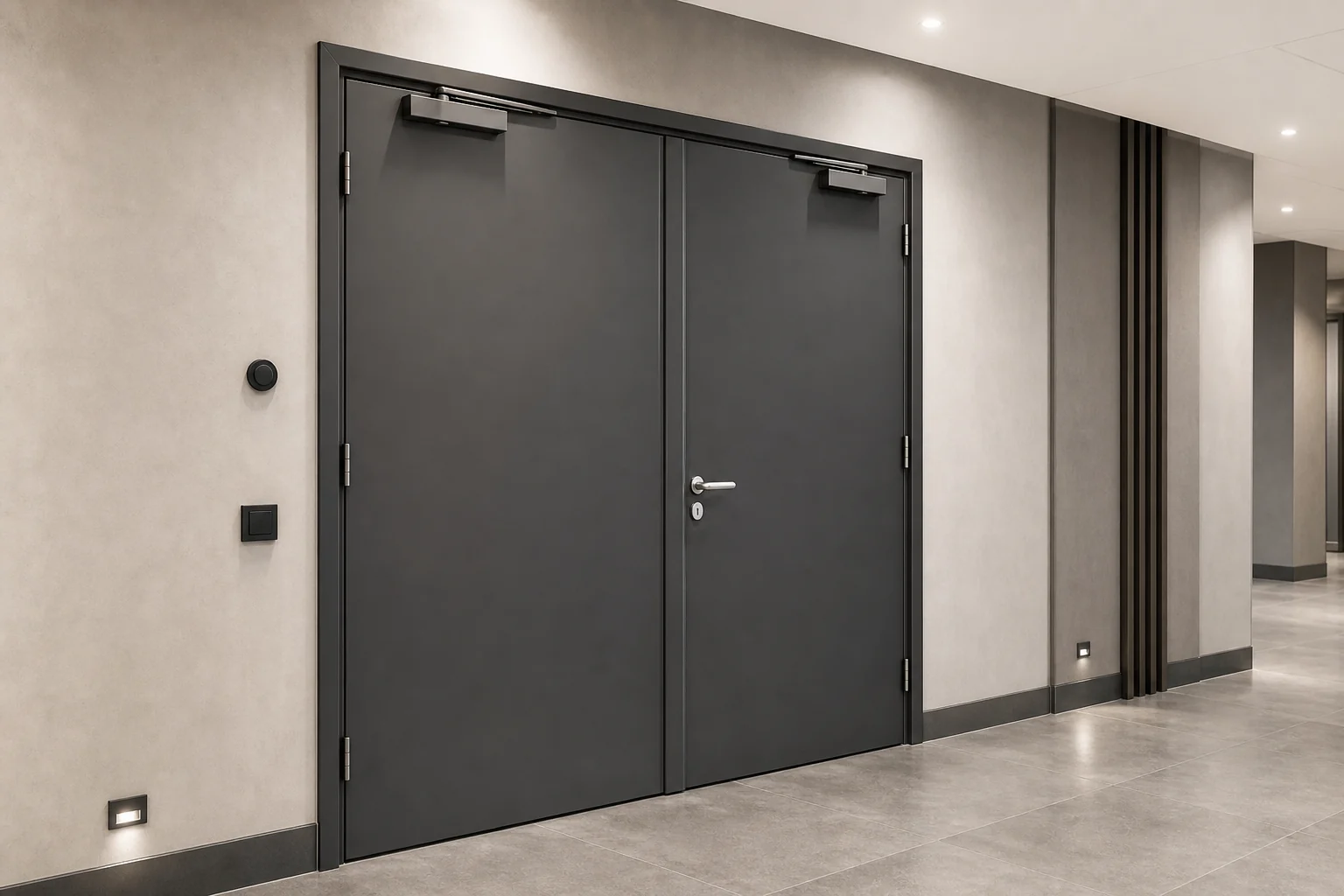 Bloc-porte coupe-feu aluminium 2 battants Bloc-porte coupe-feu aluminium à deux battants dans un couloir contemporain