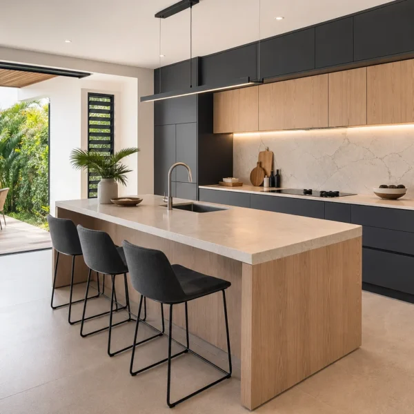 Cuisine sur mesure contemporaine ouverte sur un jardin tropical