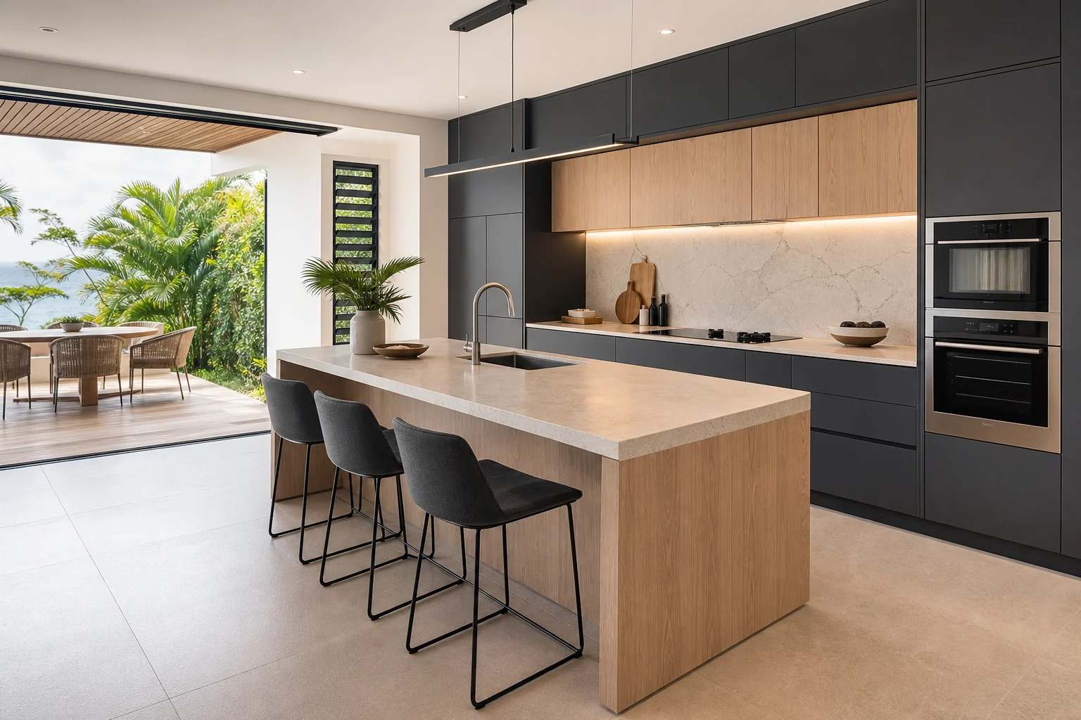 Cuisine sur mesure contemporaine Cuisine sur mesure contemporaine ouverte sur un jardin tropical